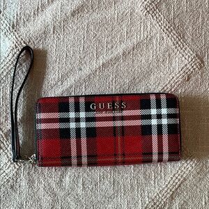 Guess Red and Black Plaid Wristlet Wallet